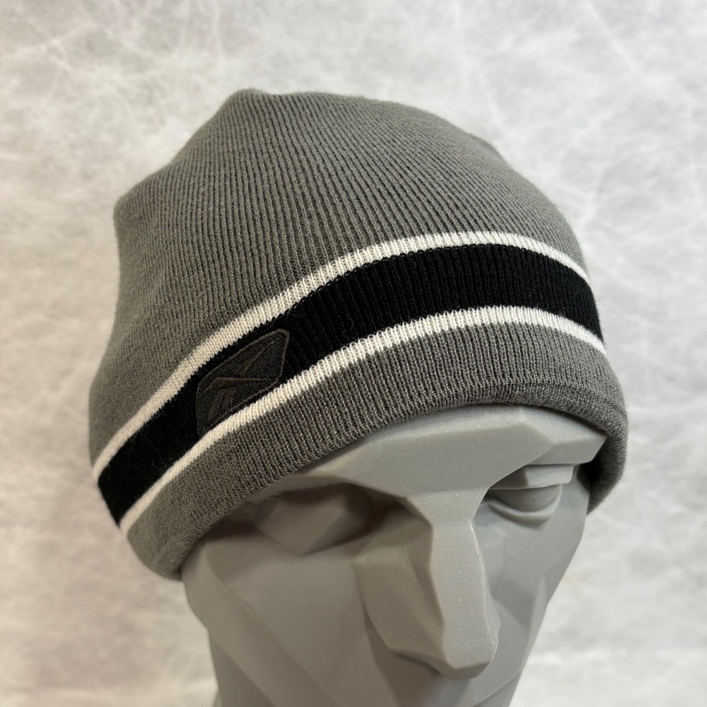 Reebok Grey Knit Beanie Fleece Lined Striped Winter Hat One Size